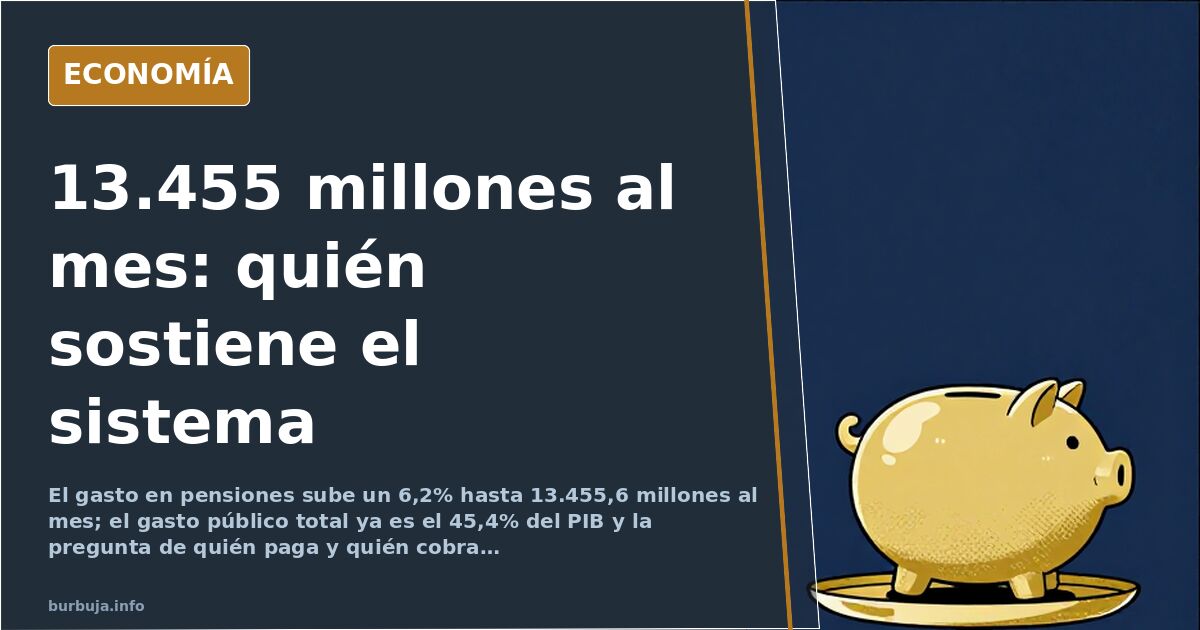 Representación del peso del gasto en pensiones sobre el PIB español, con una hucha sobre fondo azul marino y oro