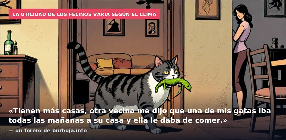 La utilidad de los felinos varía según el clima: «Tienen más casas, otra vecina me dijo que una de mis gatas iba todas las mañanas a su casa y ella le daba de comer.» — un forero de burbuja.info