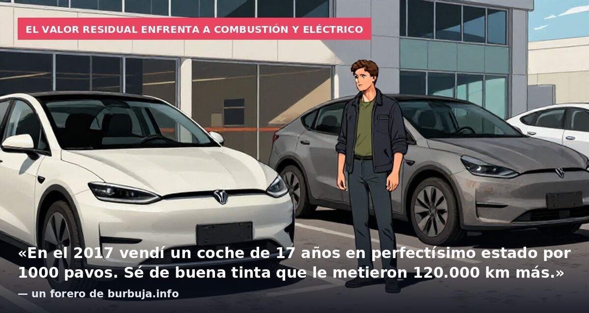 El valor residual enfrenta a combustión y eléctrico: «En el 2017 vendí un coche de 17 años en perfectísimo estado por 1000 pavos. Sé de buena tinta que le metieron 120.000 km más.» — un forero de burbuja.info