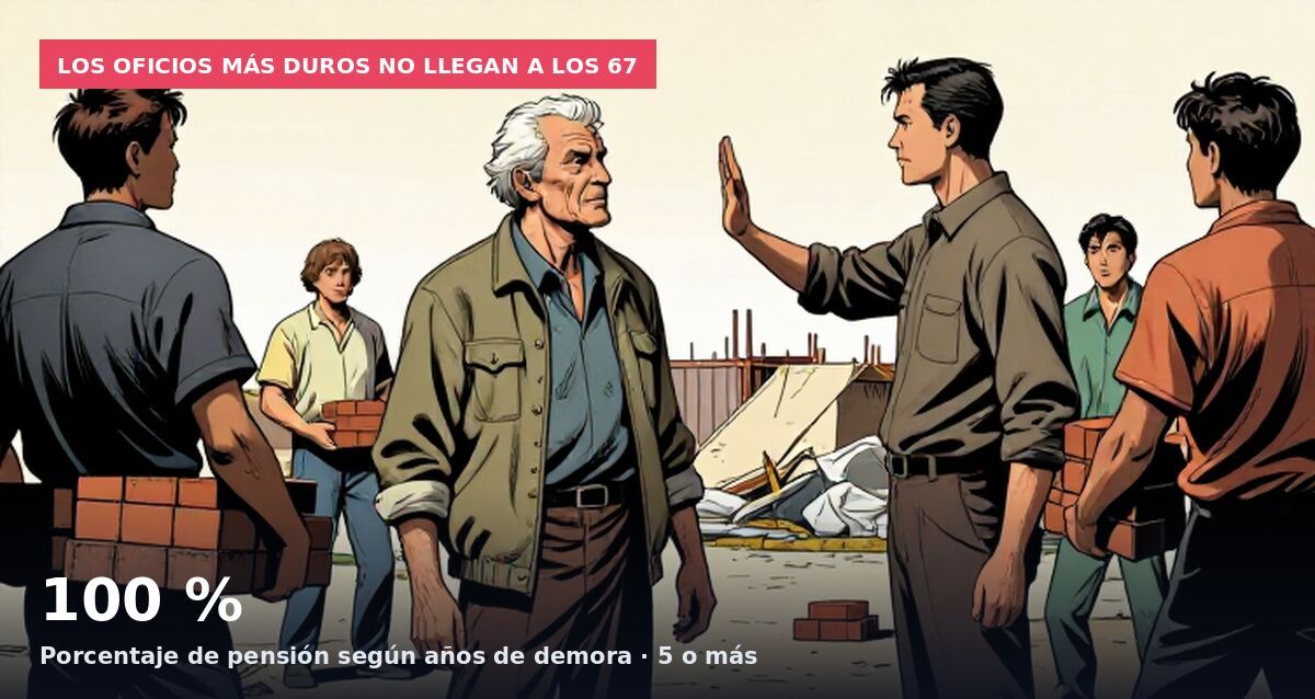 Los oficios más duros no llegan a los 67: 100 % Porcentaje de pensión según años de demora · 5 o más
