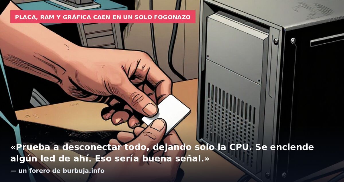 Placa, RAM y gráfica caen en un solo fogonazo: «Prueba a desconectar todo, dejando solo la CPU. Se enciende algún led de ahí. Eso sería buena señal.» — un forero de burbuja.info