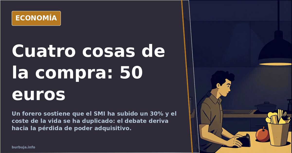Carrito de la compra con productos básicos y un tique de 50 euros junto a una calculadora