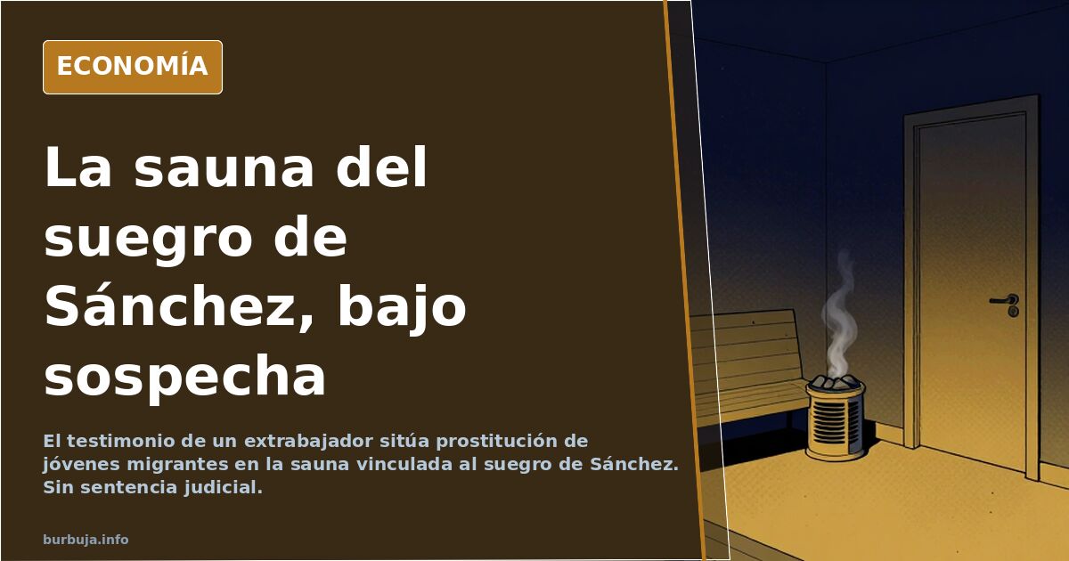 Ilustración editorial de la fachada de la sauna vinculada al suegro de Sánchez, con la palabra Adán sobre la puerta