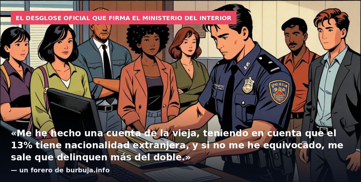El desglose oficial que firma el Ministerio del Interior: «Me he hecho una cuenta de la vieja, teniendo en cuenta que el 13% tiene nacionalidad extranjera, y si no me he equivocado, me sale que delinquen más del doble.» — un forero de burbuja.info