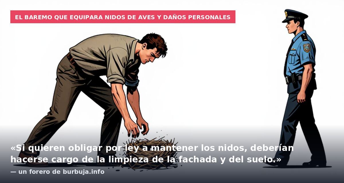 El baremo que equipara nidos de aves y daños personales: «Si quieren obligar por ley a mantener los nidos, deberían hacerse cargo de la limpieza de la fachada y del suelo.» — un forero de burbuja.info