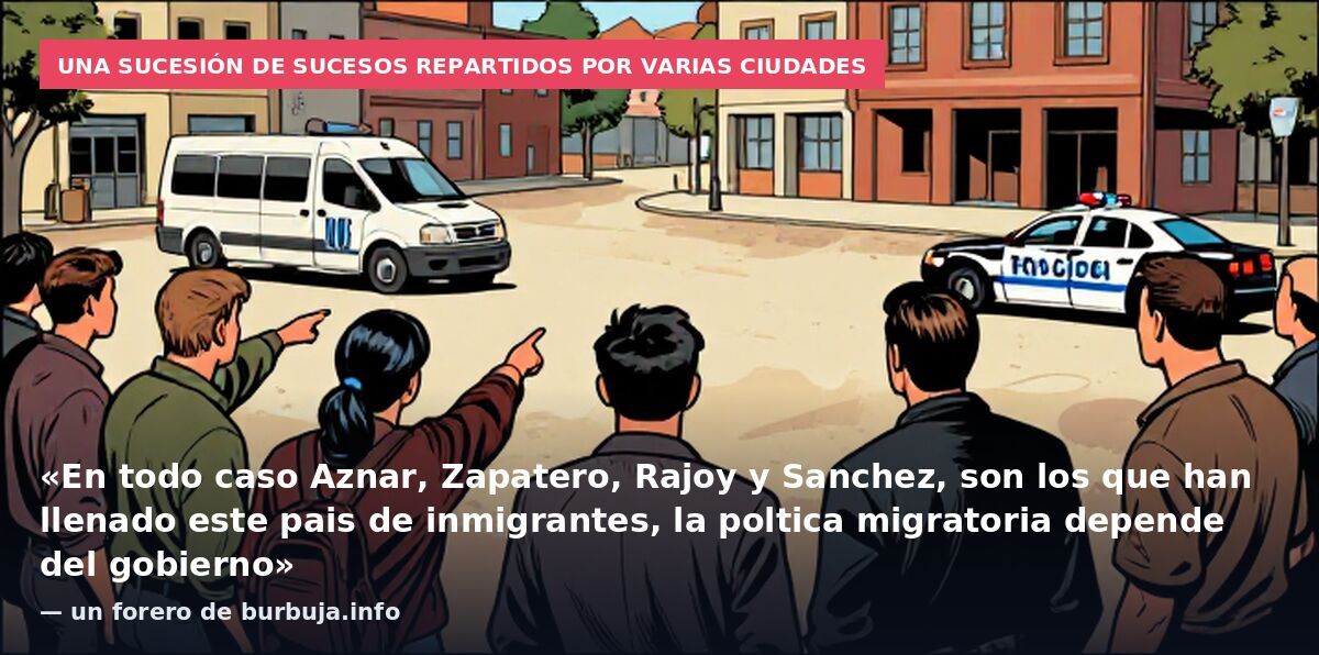 Una sucesión de sucesos repartidos por varias ciudades: «En todo caso Aznar, Zapatero, Rajoy y Sanchez, son los que han llenado este pais de inmigrantes, la poltica migratoria depende del gobierno» — un forero de burbuja.info