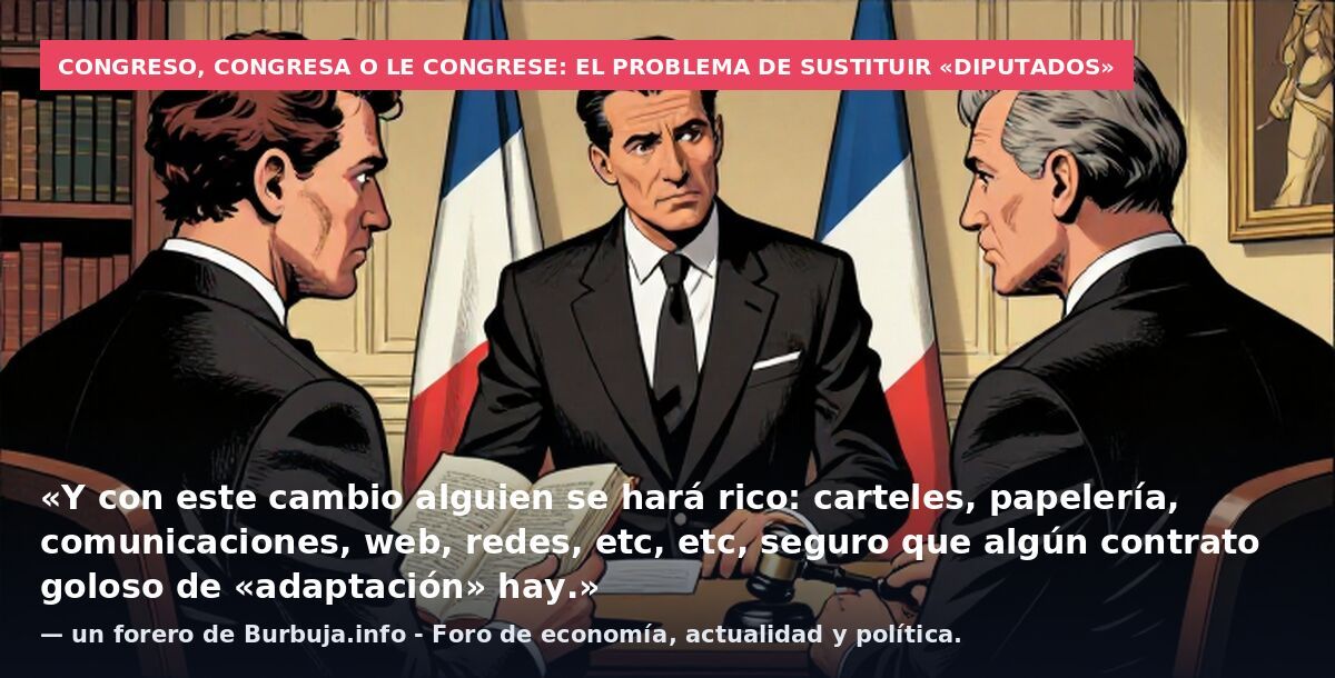 Congreso, Congresa o Le Congrese: el problema de sustituir «diputados»: «Y con este cambio alguien se hará rico: carteles, papelería, comunicaciones, web, redes, etc, etc, seguro que algún contrato goloso de «adaptación» hay.» — un forero de Burbuja.