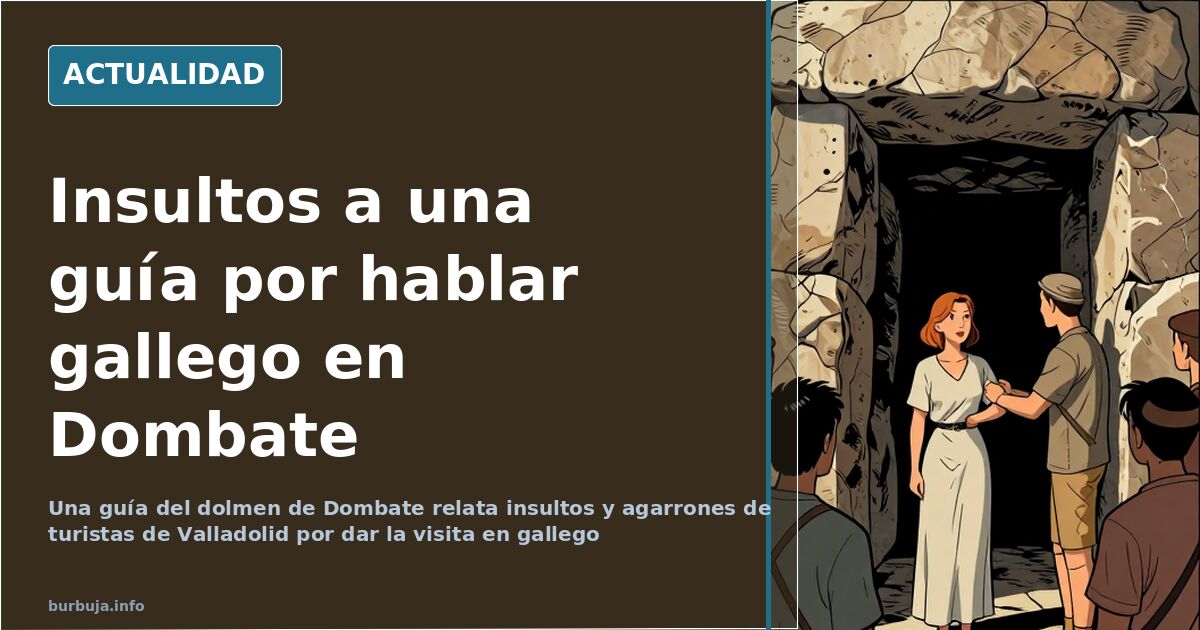 Interior del dolmen de Dombate con una guía turística explicando el yacimiento a un grupo de visitantes
