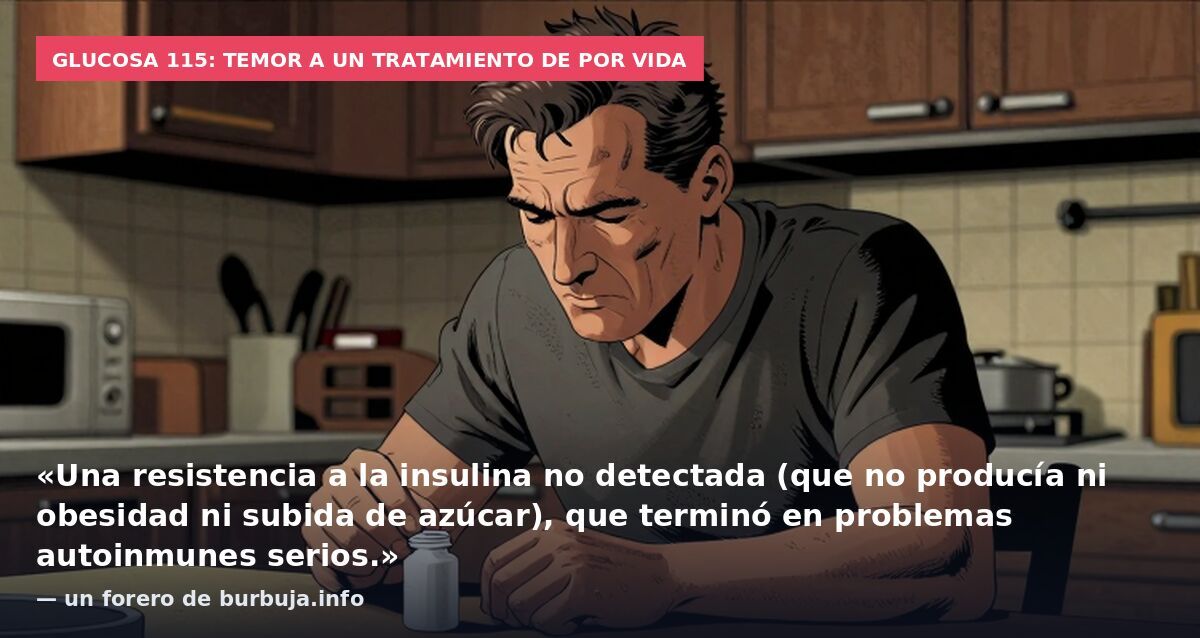 Glucosa 115: temor a un tratamiento de por vida: «Una resistencia a la insulina no detectada (que no producía ni obesidad ni subida de azúcar), que terminó en problemas autoinmunes serios.» — un forero de burbuja.info