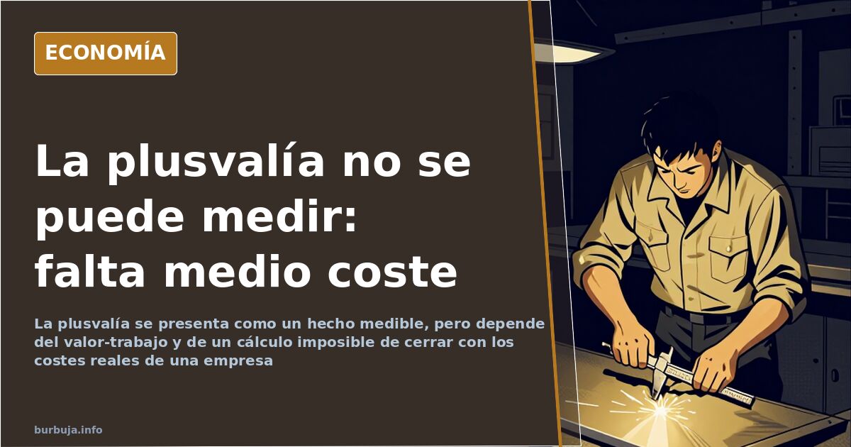Ilustración editorial sobre la plusvalía: una balanza con engranajes y documentos contables frente a un edificio industrial