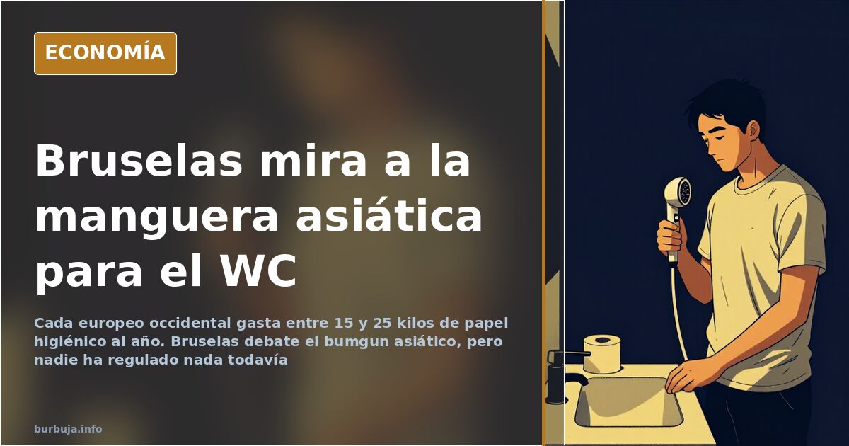 Ilustración editorial de un inodoro con manguera de agua a presión, símbolo del debate europeo sobre el fin del papel higiéni