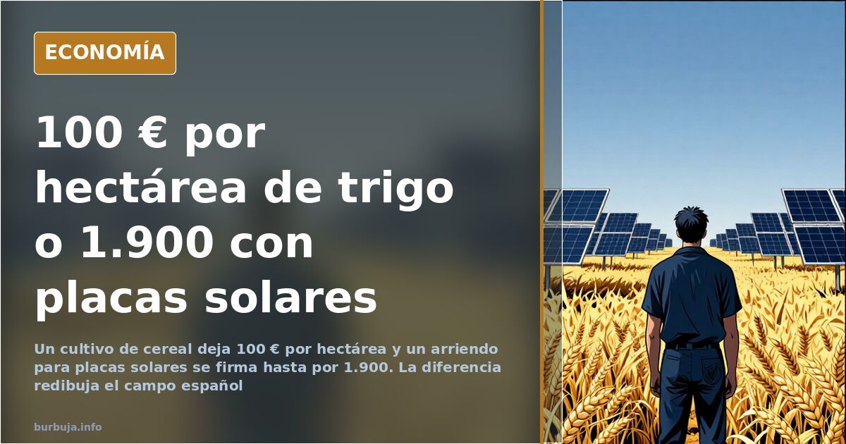 Campo de secano con hileras de placas solares fotovoltaicas junto a tierras de cultivo de cereal en Castilla