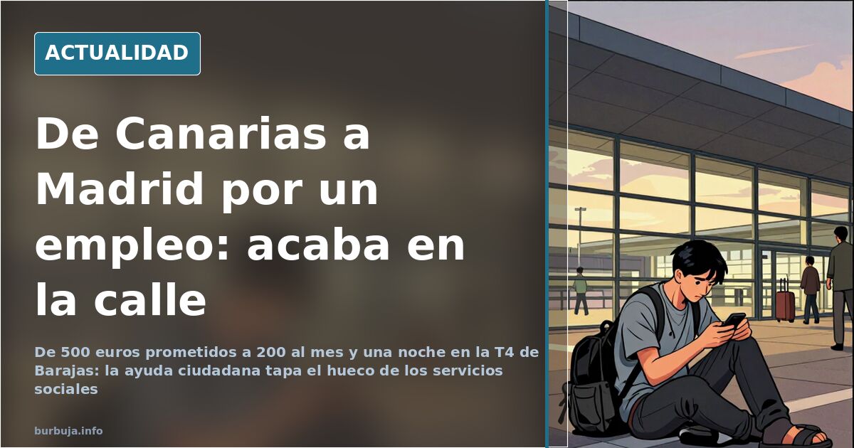 Persona sin techo con mochila revisando el móvil en el suelo junto a la terminal de un aeropuerto al amanecer