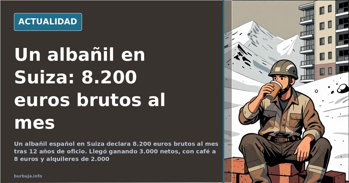 Un albañil en Suiza con casco y arnés revisa planos sobre un andamio, con una grúa y edificios en construcción al fondo