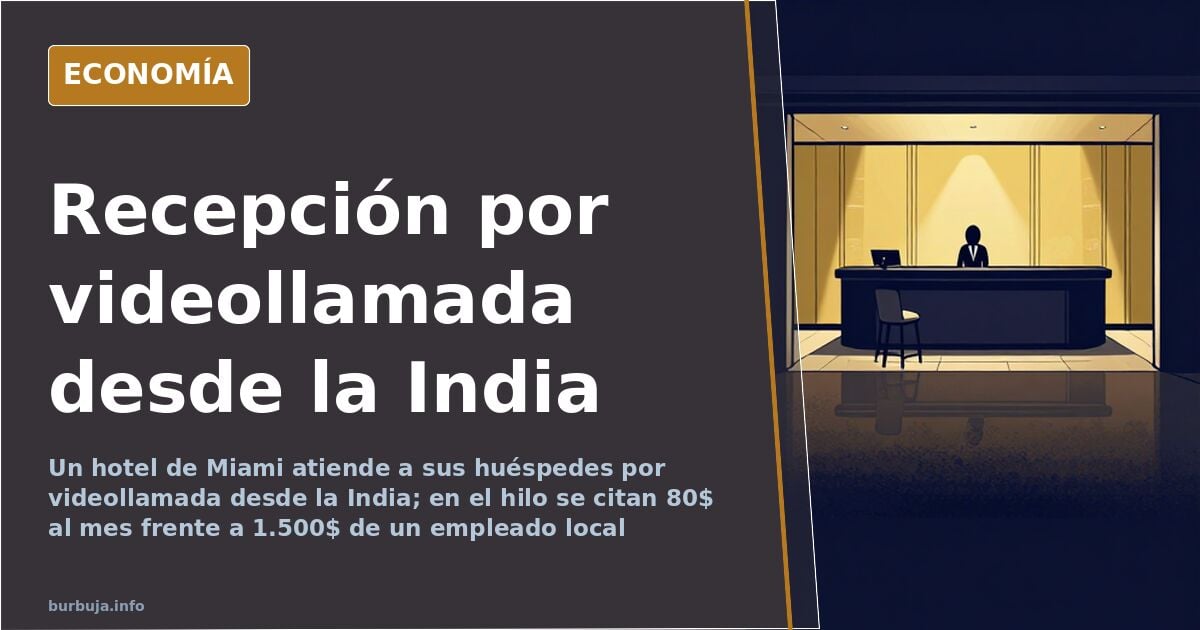 Mostrador de la recepción de un hotel con una pantalla de videollamada conectada a un empleado que trabaja en la India