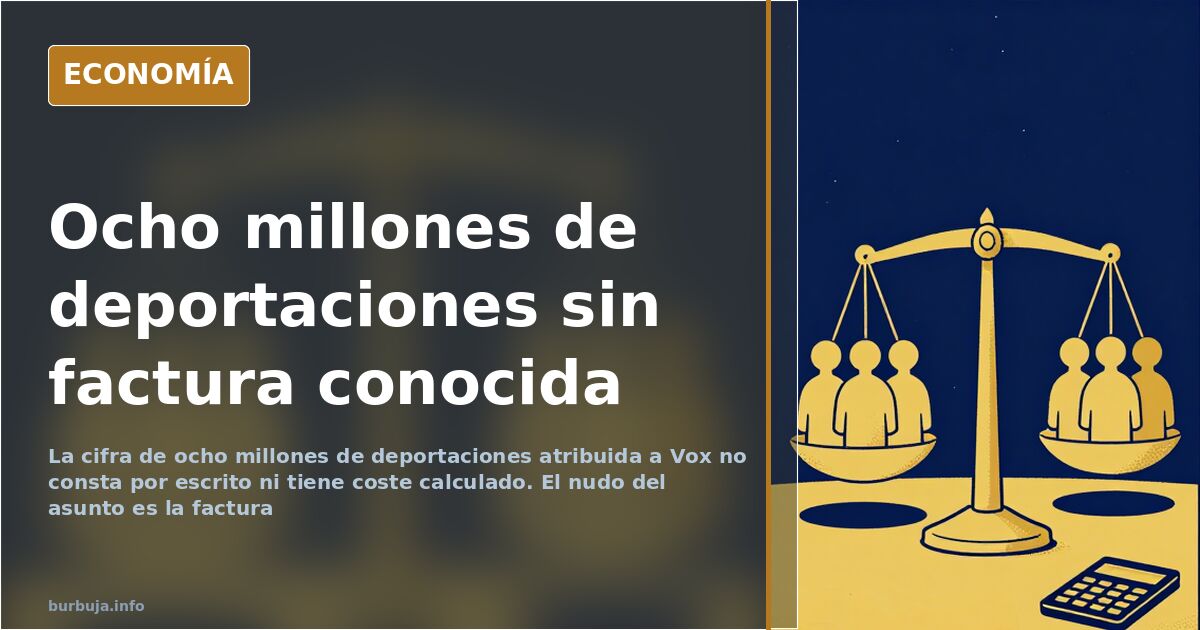 Ilustración editorial sobre el debate de deportar a ocho millones de inmigrantes con siluetas y una balanza sin cifras claras