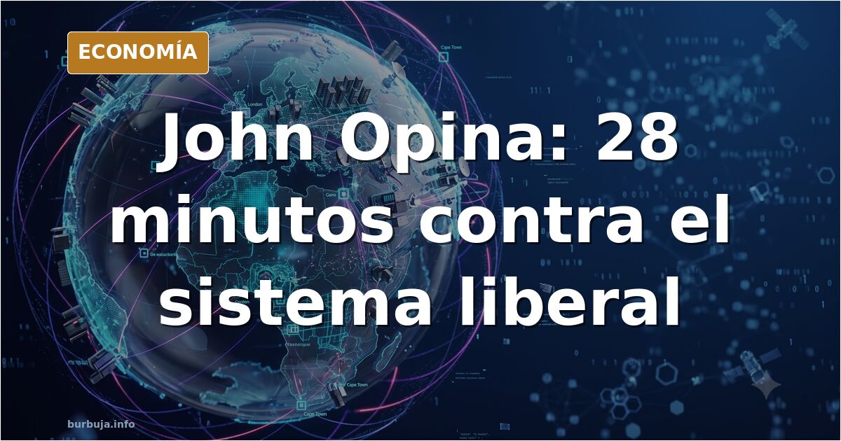 Pantallas y gráficos económicos en una ilustración editorial sobre el análisis de John Opina y el sistema liberal