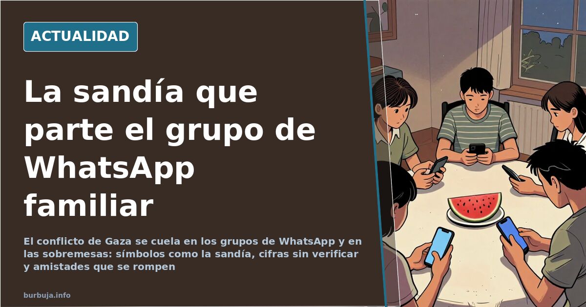 Varias manos sostienen teléfonos móviles sobre una mesa con un grupo de WhatsApp abierto a propósito del conflicto de Gaza