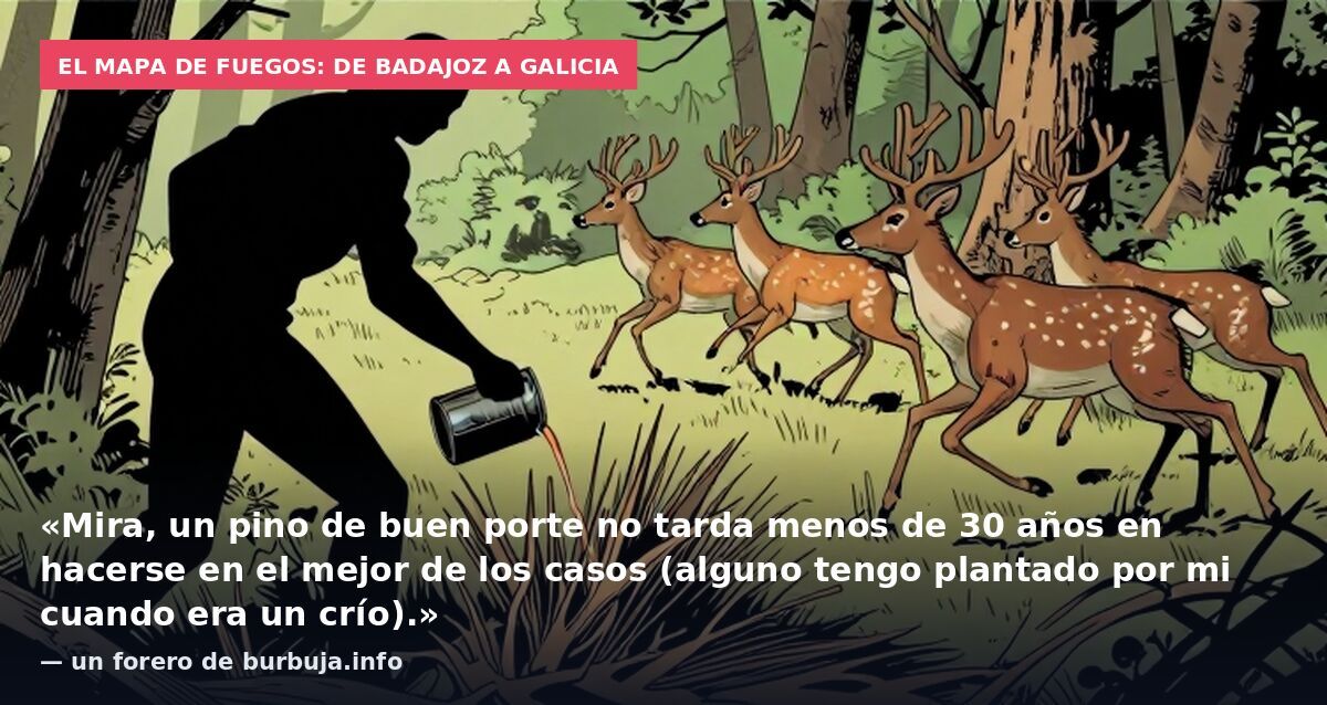 El mapa de fuegos: de Badajoz a Galicia: «Mira, un pino de buen porte no tarda menos de 30 años en hacerse en el mejor de los casos (alguno tengo plantado por mi cuando era un crío).» — un forero de burbuja.info