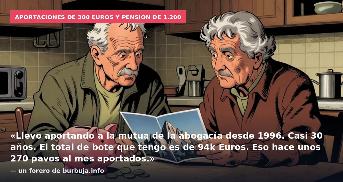 Aportaciones de 300 euros y pensión de 1.200: «Llevo aportando a la mutua de la abogacía desde 1996. Casi 30 años. El total de bote que tengo es de 94k Euros. Eso hace unos 270 pavos al mes aportados.» — un forero de burbuja.info