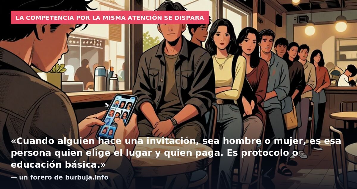 La competencia por la misma atención se dispara: «Cuando alguien hace una invitación, sea hombre o mujer, es esa persona quien elige el lugar y quien paga. Es protocolo o educación básica.» — un forero de burbuja.info