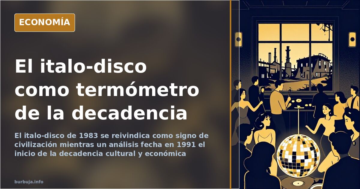 Ilustración editorial en azul marino y dorado de una pista de baile ochentera y sintetizadores, italo-disco
