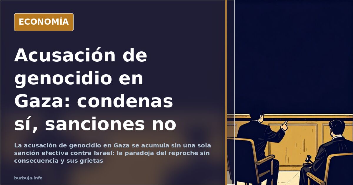 Ilustración editorial sobre la acusación de genocidio en Gaza y el debate sobre la falta de sanciones internacionales contra 