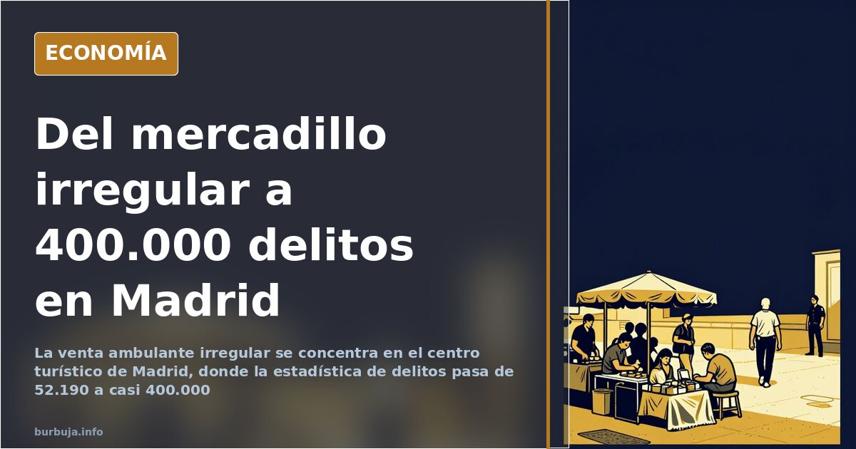 Acera del centro de Madrid ocupada por puestos de venta ambulante irregular junto a turistas y comercios