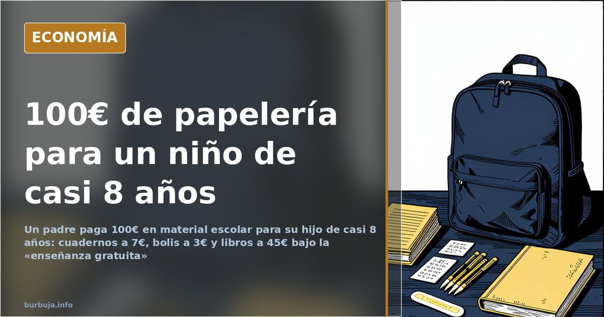Mochila con material escolar de vuelta al cole: cuadernos, bolígrafos y pegamento junto a etiquetas de precio