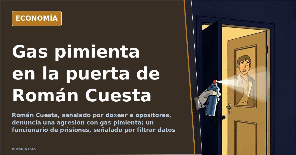 Ilustración editorial de una puerta de portal urbana de noche con un bote de gas pimienta en el suelo, sobre el doxeo atribui