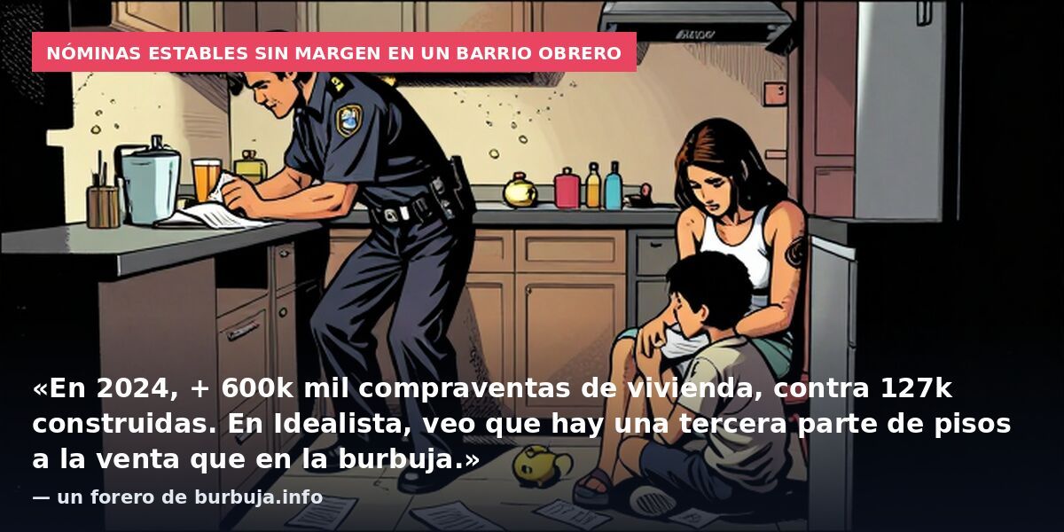 Nóminas estables sin margen en un barrio obrero: «En 2024, + 600k mil compraventas de vivienda, contra 127k construidas. En Idealista, veo que hay una tercera parte de pisos a la venta que en la burbuja.» — un forero de burbuja.info