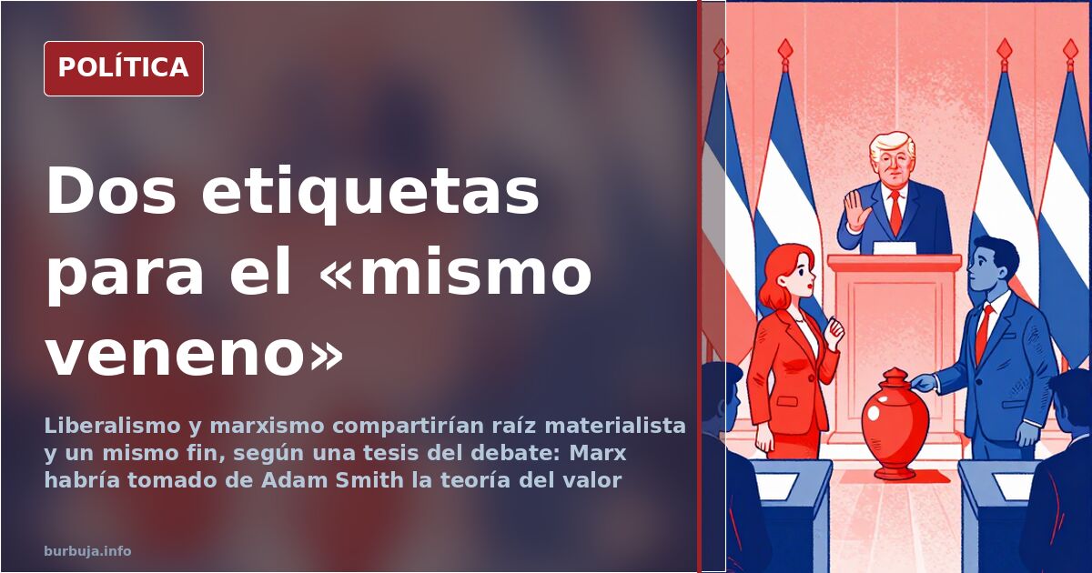 Ilustración editorial sobre liberalismo y marxismo con dos tribunas enfrentadas y una urna de voto entre ambas
