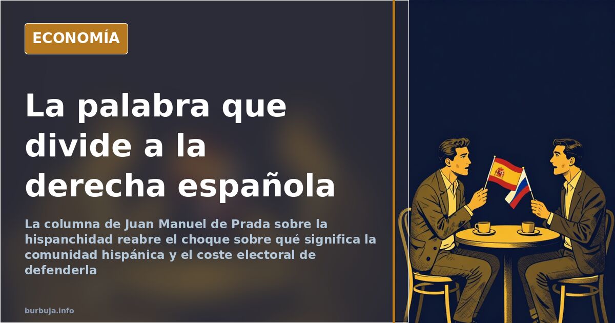 Ilustración editorial de la palabra hispanchidad sobre un mapa de España y América dividido en dos tonos, con una columna de 
