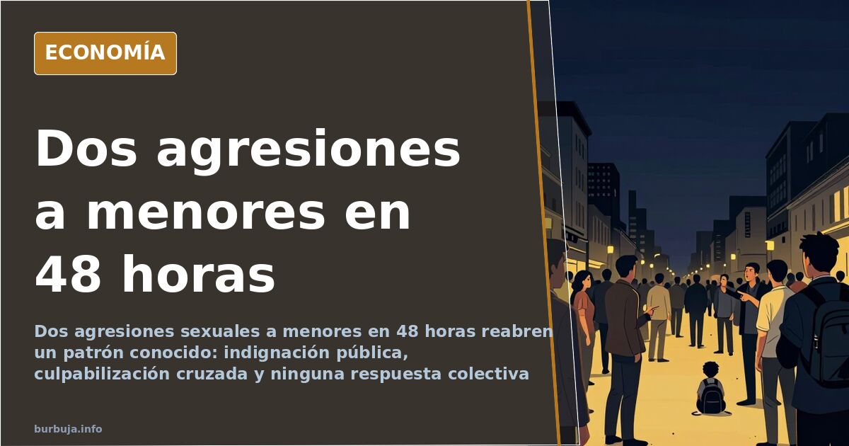 Ilustración editorial en azul marino y dorado sobre la indignación social ante las agresiones sexuales a menores