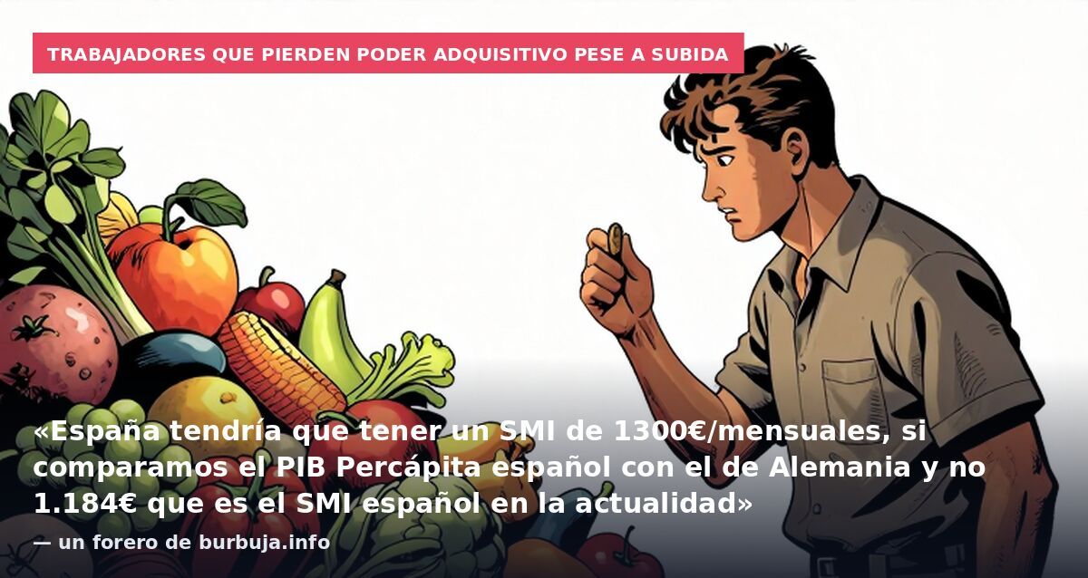 Trabajadores que pierden poder adquisitivo pese a subida: «España tendría que tener un SMI de 1300€/mensuales, si comparamos el PIB Percápita español con el de Alemania y no 1.184€ que es el SMI español en la actualidad» — un forero de burbuja.info