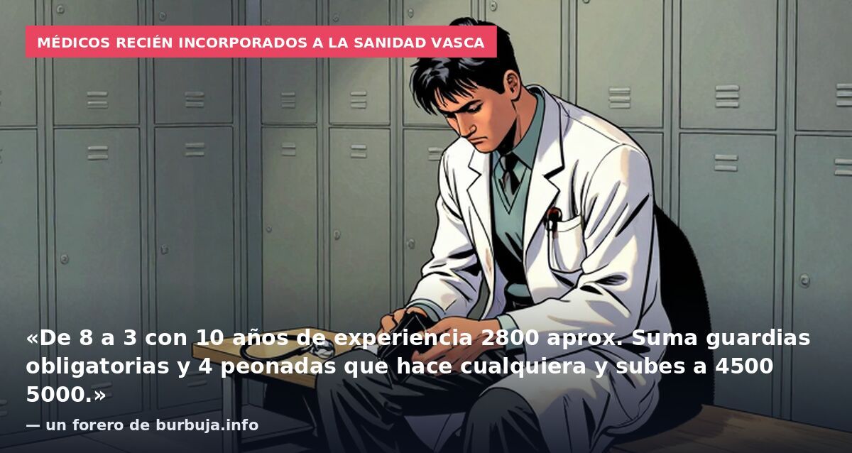Médicos recién incorporados a la sanidad vasca: «De 8 a 3 con 10 años de experiencia 2800 aprox. Suma guardias obligatorias y 4 peonadas que hace cualquiera y subes a 4500 5000.» — un forero de burbuja.info
