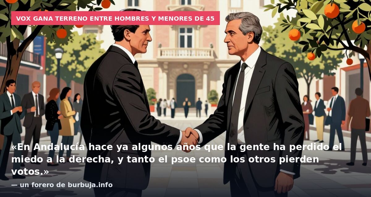 Vox gana terreno entre hombres y menores de 45: «En Andalucía hace ya algunos años que la gente ha perdido el miedo a la derecha, y tanto el psoe como los otros pierden votos.» — un forero de burbuja.info