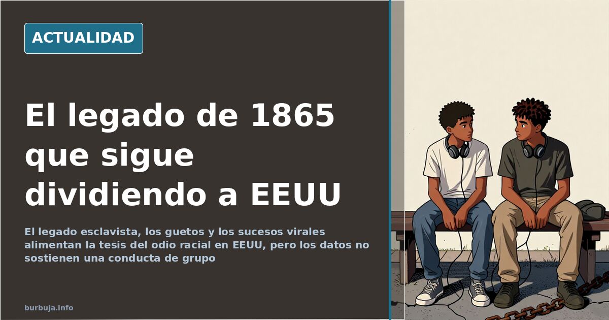 Ilustración editorial de una calle estadounidense con grupos de personas separadas por aceras y tensión racial en EEUU
