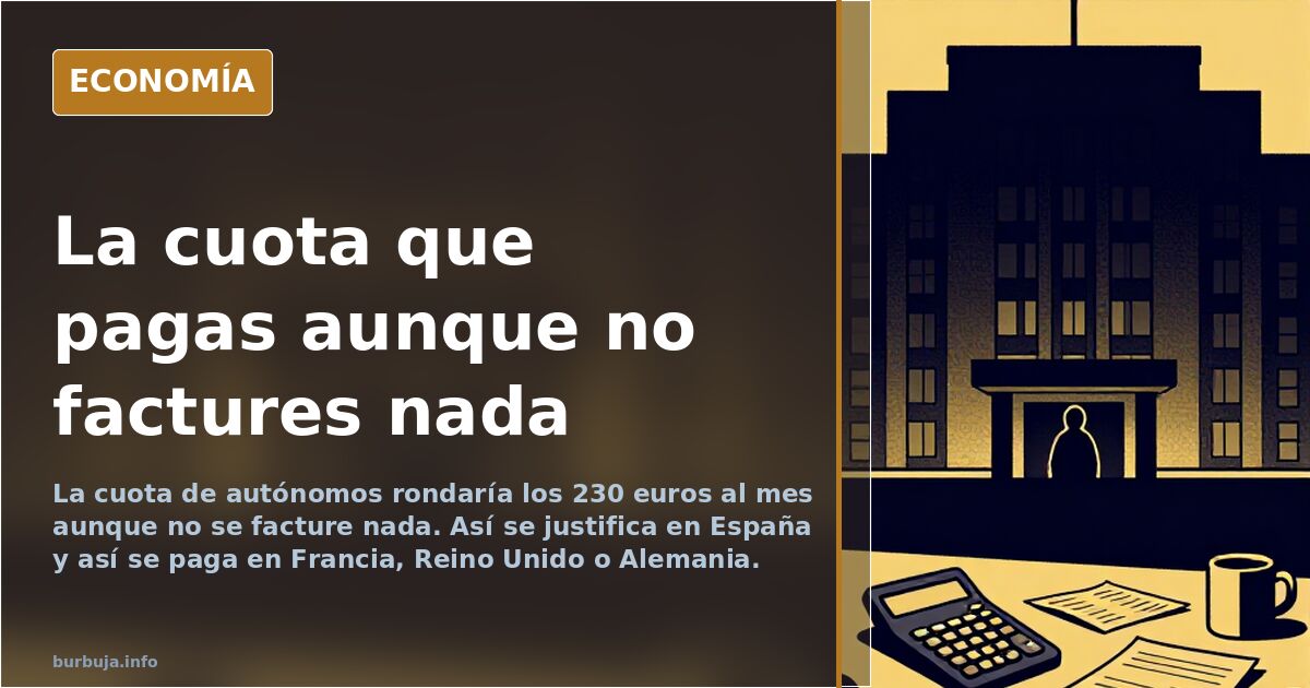 Autónomo revisando facturas y la cuota mensual del RETA junto a una tabla comparativa de cotizaciones europeas
