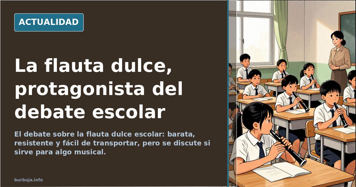 Flauta dulce escolar sobre una mesa de aula junto a una partitura y cuadernos, en tonos neutros