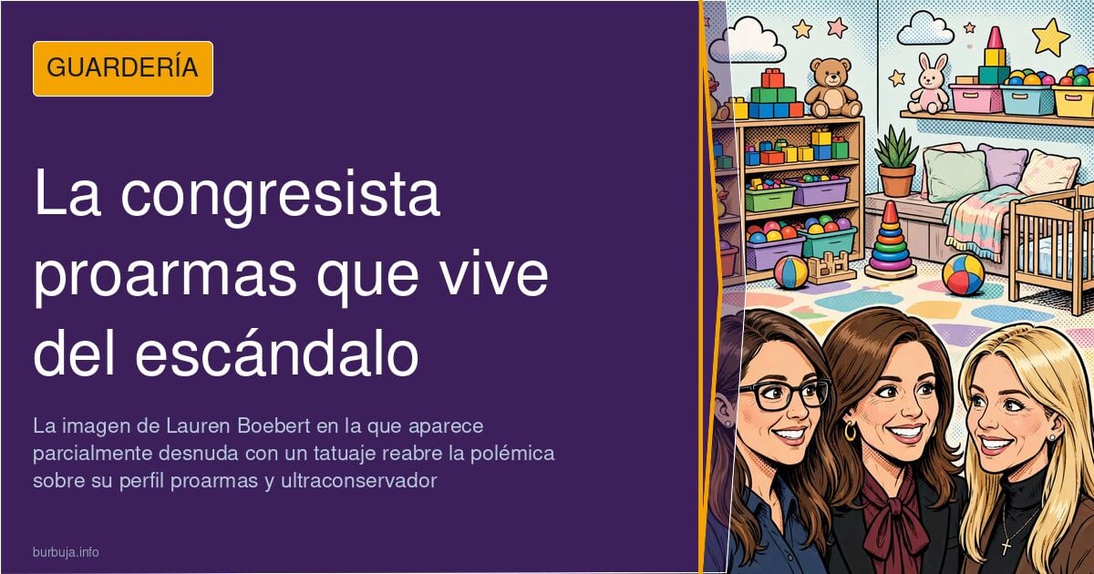 Ilustración de una congresista estadounidense con tatuaje visible saludando ante un fondo de banderas y pancartas políticas