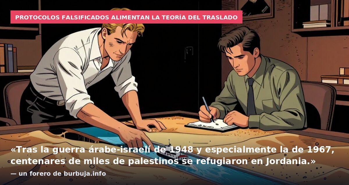Protocolos falsificados alimentan la teoría del traslado: «Tras la guerra árabe-israelí de 1948 y especialmente la de 1967, centenares de miles de palestinos se refugiaron en Jordania.» — un forero de burbuja.info