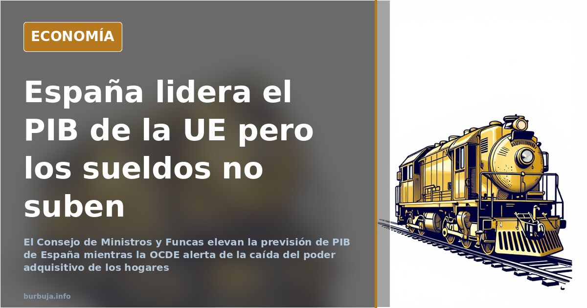 Ilustración editorial de una locomotora dorada avanzando sobre vías con un carrito de la compra al fondo