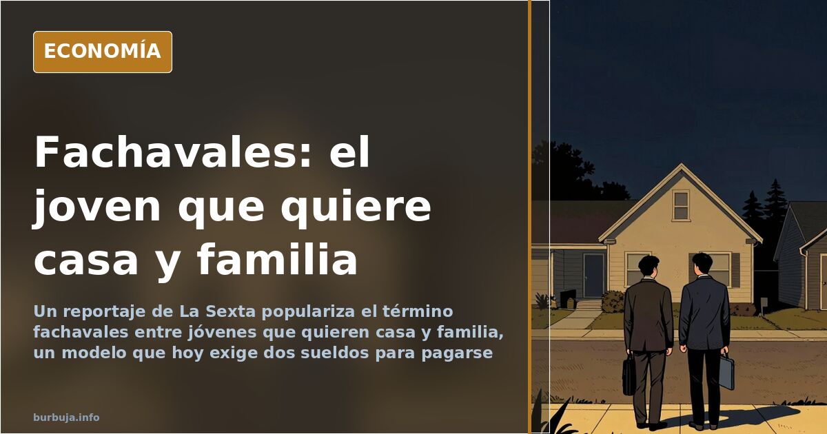 Ilustración editorial de un joven trabajador ante una casa inalcanzable, con la palabra fachavales convirtiéndose en etiqueta