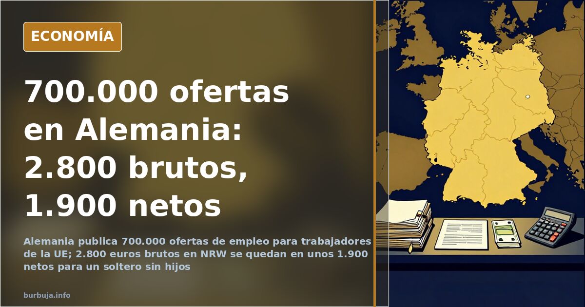 Cartel de ofertas de empleo para trabajar en Alemania junto a billetes de euro sobre una mesa