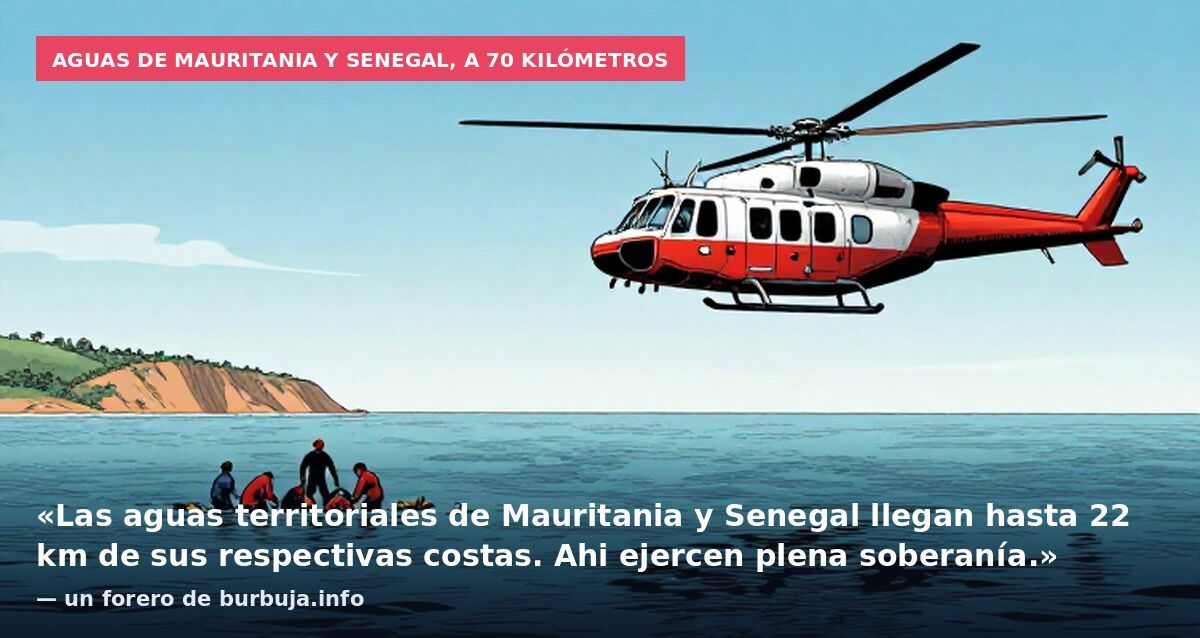 Aguas de Mauritania y Senegal, a 70 kilómetros: «Las aguas territoriales de Mauritania y Senegal llegan hasta 22 km de sus respectivas costas. Ahi ejercen plena soberanía.» — un forero de burbuja.info