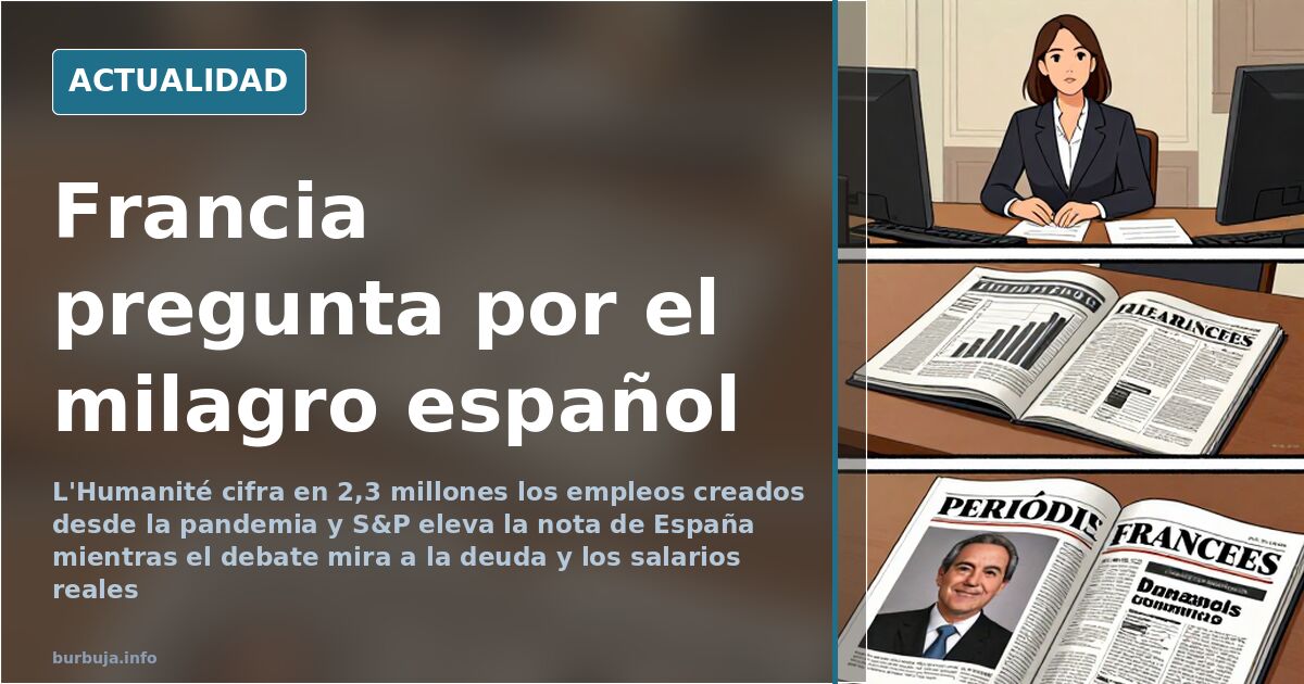 Portada de periódico francés sobre el milagro español abierta sobre una mesa, con gráficos de deuda y crecimiento del PIB al 