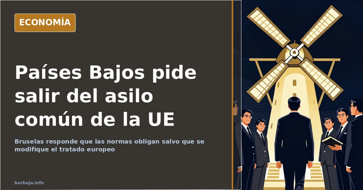 Ilustración editorial en azul marino y oro sobre la petición de Países Bajos de desvincularse de la política común de asilo d