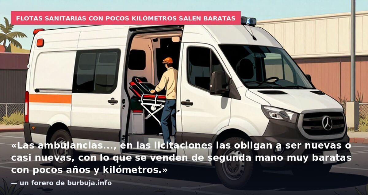 Flotas sanitarias con pocos kilómetros salen baratas: «Las ambulancias..., en las licitaciones las obligan a ser nuevas o casi nuevas, con lo que se venden de segunda mano muy baratas con pocos años y kilómetros.» — un forero de burbuja.info
