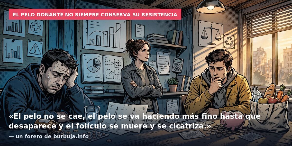 El pelo donante no siempre conserva su resistencia: «El pelo no se cae, el pelo se va haciendo más fino hasta que desaparece y el folículo se muere y se cicatriza.» — un forero de burbuja.info